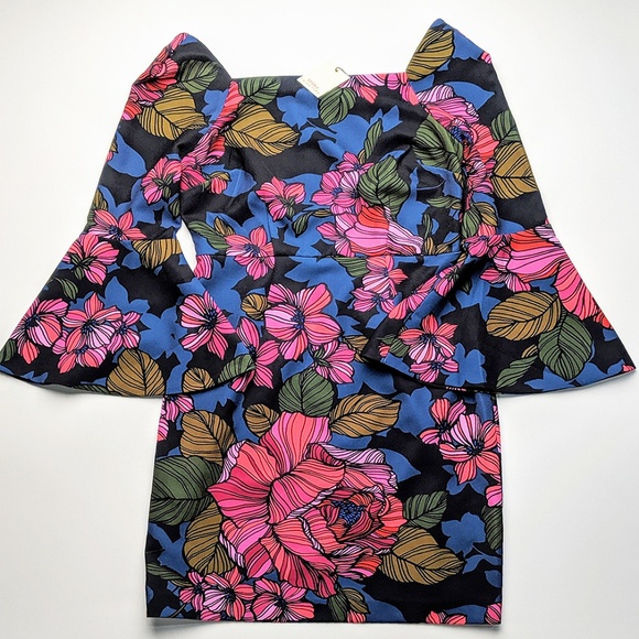 Trina Turk Miley Bell Sleeve Dress Womens Size 2 Dark Floral Print - Picture 2 of 7